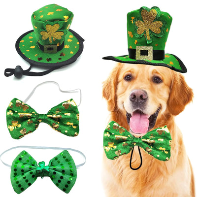 3PCS St Patricks Day Pet Costume St. Pattys Day Dog Top Hat Green Shamrock Bow Tie Doggie Collar Set for Large Dogs Puppy Outfit Cats Kitty Funny Irish Dog Clothe Accessories