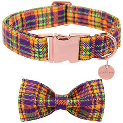 UP URARA PUP Halloween Dog Collar with Bow Tie Halloween Bowtie Collar for Small Girl Boy Dog Fall & Winter Dog Collar with Durable Metal Buckle Cute Plaid Pet Collar XS Neck 8-12in