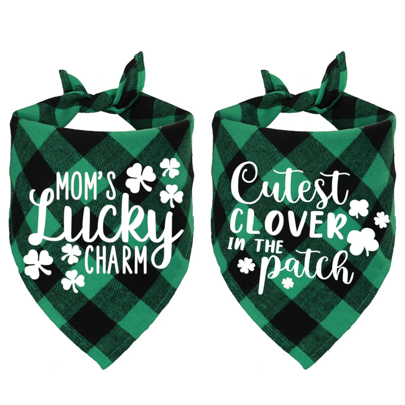 STMK 2 Pack St. Patricks Day Dog Bandanas St. Patricks Day Plaid Dog Puppy Bandana for Dog Puppy St. Patricks Day Holiday Party Costumes (Mom’s Lucky Charm & Cutest Clover in The Patch)