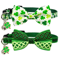 Casidoxi 2 Pcs St. Patricks Day Cat Collar Breakaway with Bow Tie & Bells Shamrock Irish St Patricks Cat Bowtie Collars for Kitten Cats(Celtic Knots)