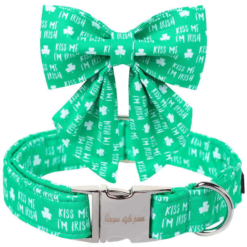 Unique Style Paws St. Patricks Day Dog Collar with Bow Green Clover Dog Collar Bowtie Bowtie Collar for Large Medium Small Dogs