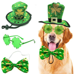 St Patricks Day Dog Costume 3 Pcs Irish Leprechaun Green Tall Hat Pet Shamrock Sunglasses Bow Tie Kit for Medium Large Dogs Saint Patricks Day Parties Dog Outfits (Bow Tie 3PCS Set Green)