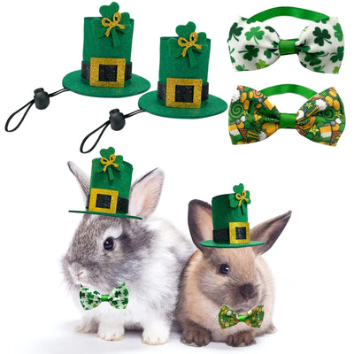 4 Pack St. Patricks Day Small Animal Hats Rabbit Shamrock Irish Bow Tie with Bell Hamster St. Patricks Day Costume for Bunny Hamster Guinea Pig Ferret Sugar Glider L