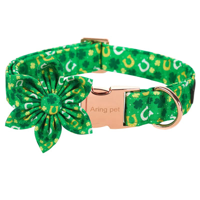 ARING PET St. Patricks Day Dog Collar-Green Clovers Dog Collar with Flower Adjustable Cotton Trefoil Flower Dog Collars with Metal Buckle