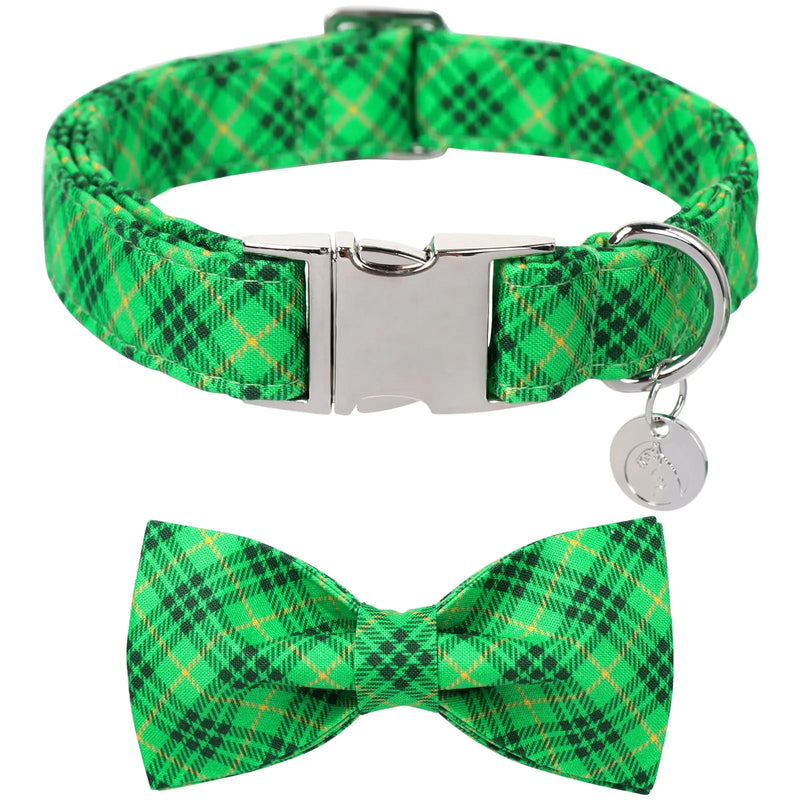 DOGWONG St. Patricks Day Dog Collar-Cute Green Dog Collar with Bow Cotton Green Plaid Bowtie Dog Collars with Metal Buckle for Small Medium Large Dogs